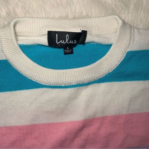 Sz Small Lulu’s Striped Cream Pink Teal and Orange Sweater - Picture 9 of 11